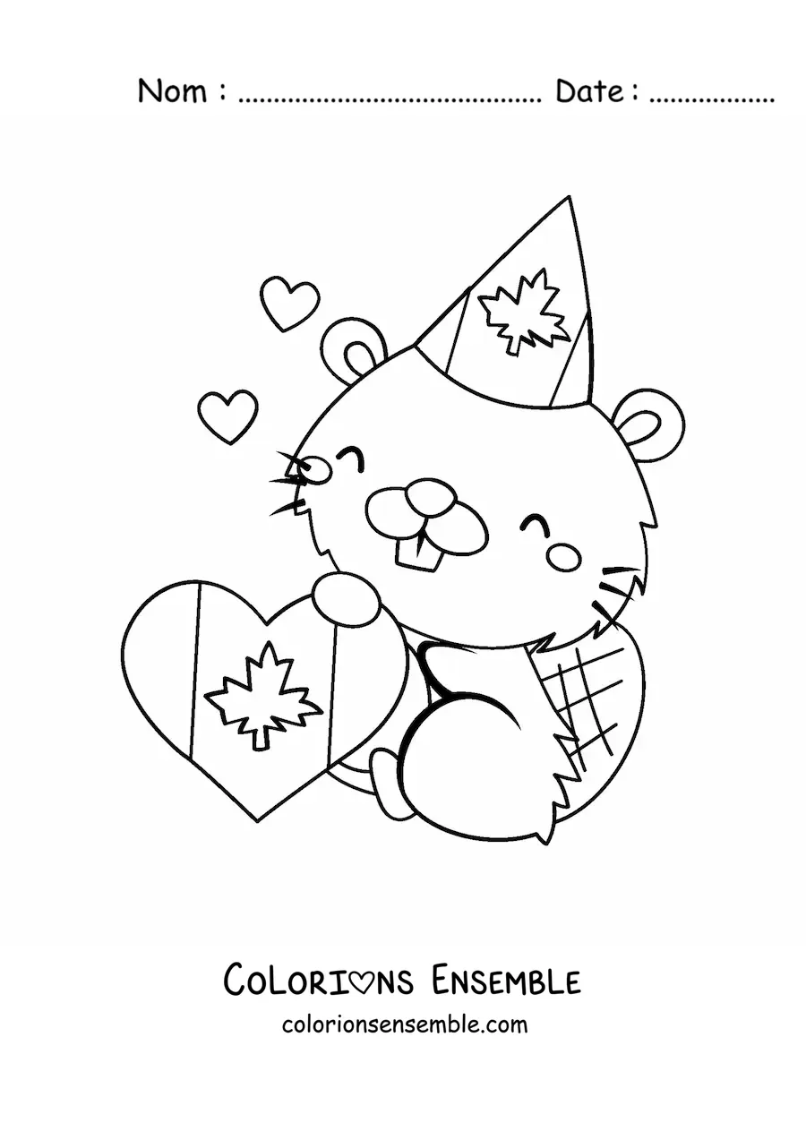 Image à colorier d’un castor canadien kawaii avec le drapeau du Canada