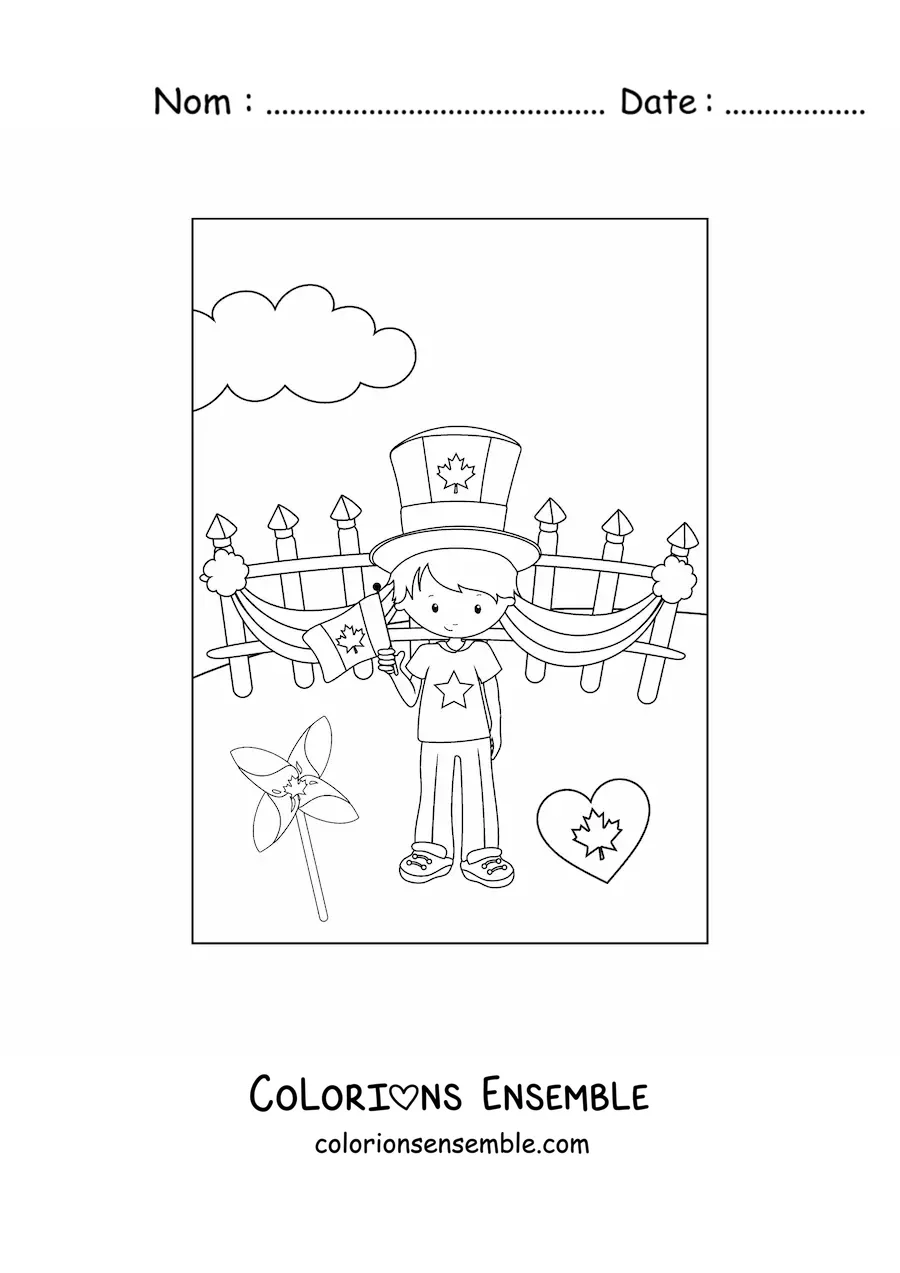 Image à colorier d’un petit garçon qui fête la fête du Canada