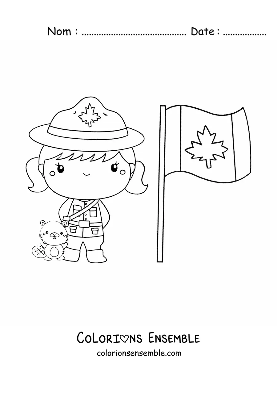 Image à colorier d’une petite fille policière du Canada kawaii avec le drapeau et un castor
