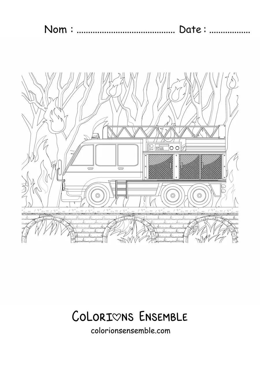 Image à colorier d'un camion de pompiers sur un feu de forêt