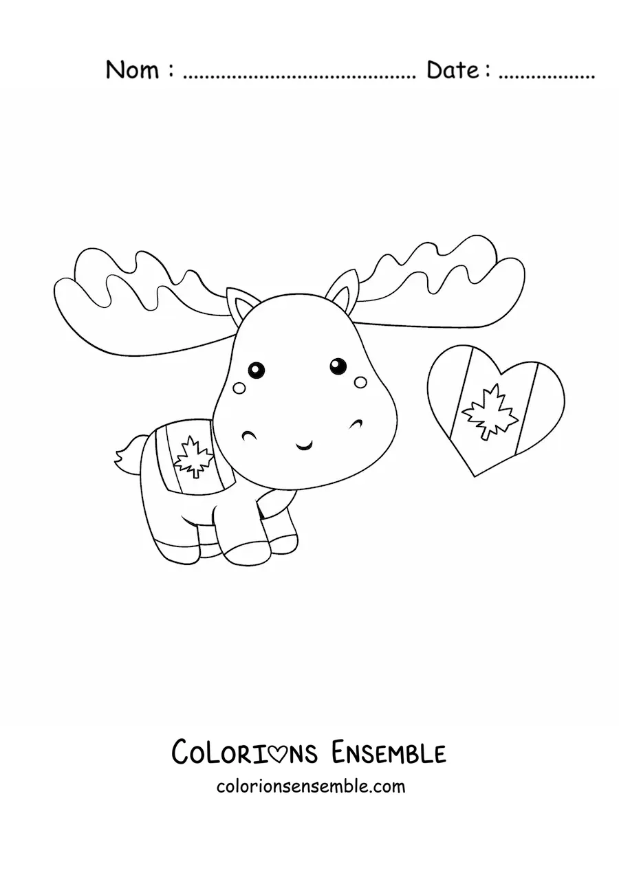 Image à colorier d’un orignal canadien kawaii avec le drapeau du Canada