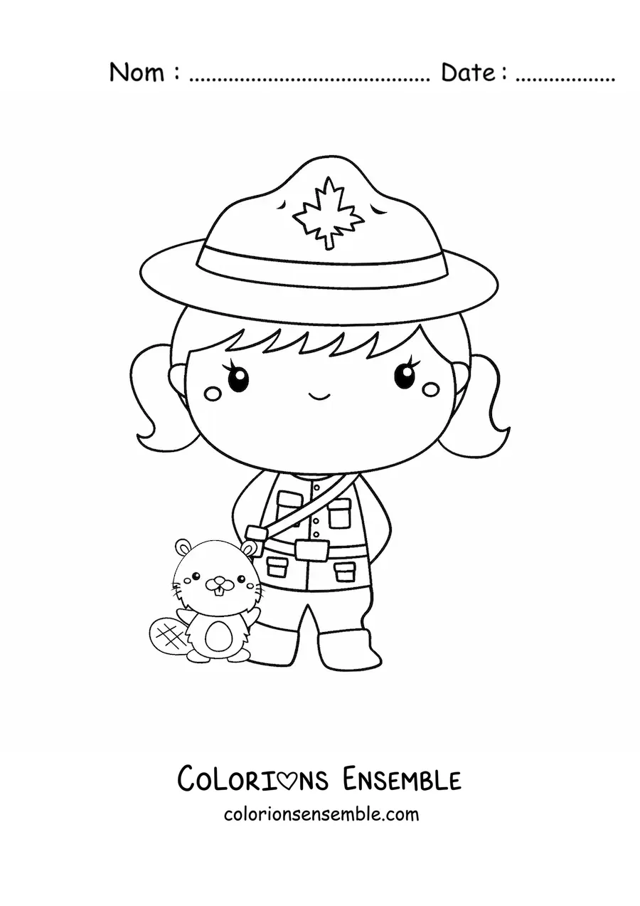 Image à colorier d’une petite fille policière du Canada kawaii