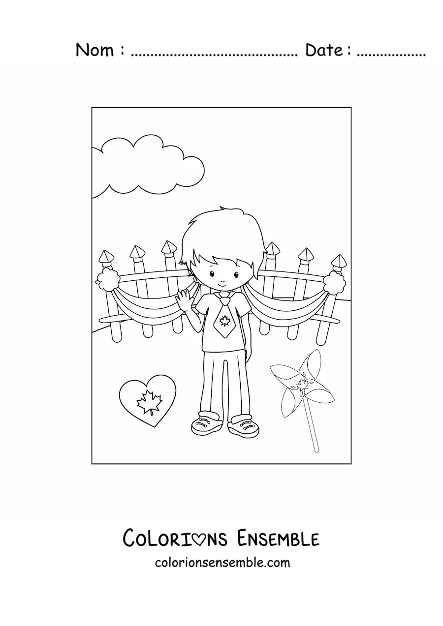 Image à colorier d’un petit garçon qui fête la fête du Canada