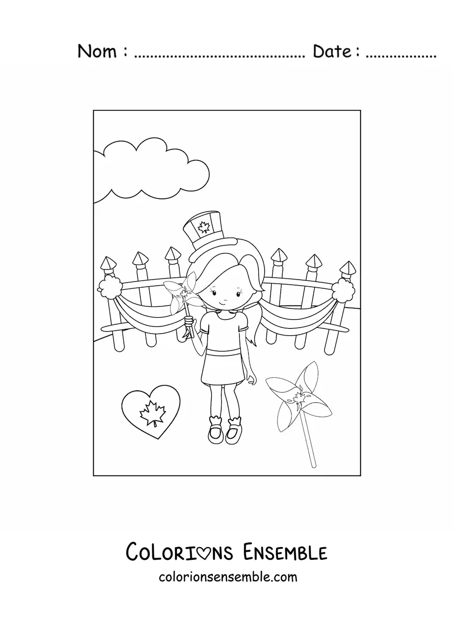 Image à colorier d’une petite fille qui fête la fête du Canada