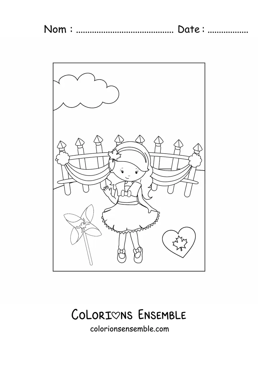 Image à colorier d’une petite fille qui fête la fête du Canada