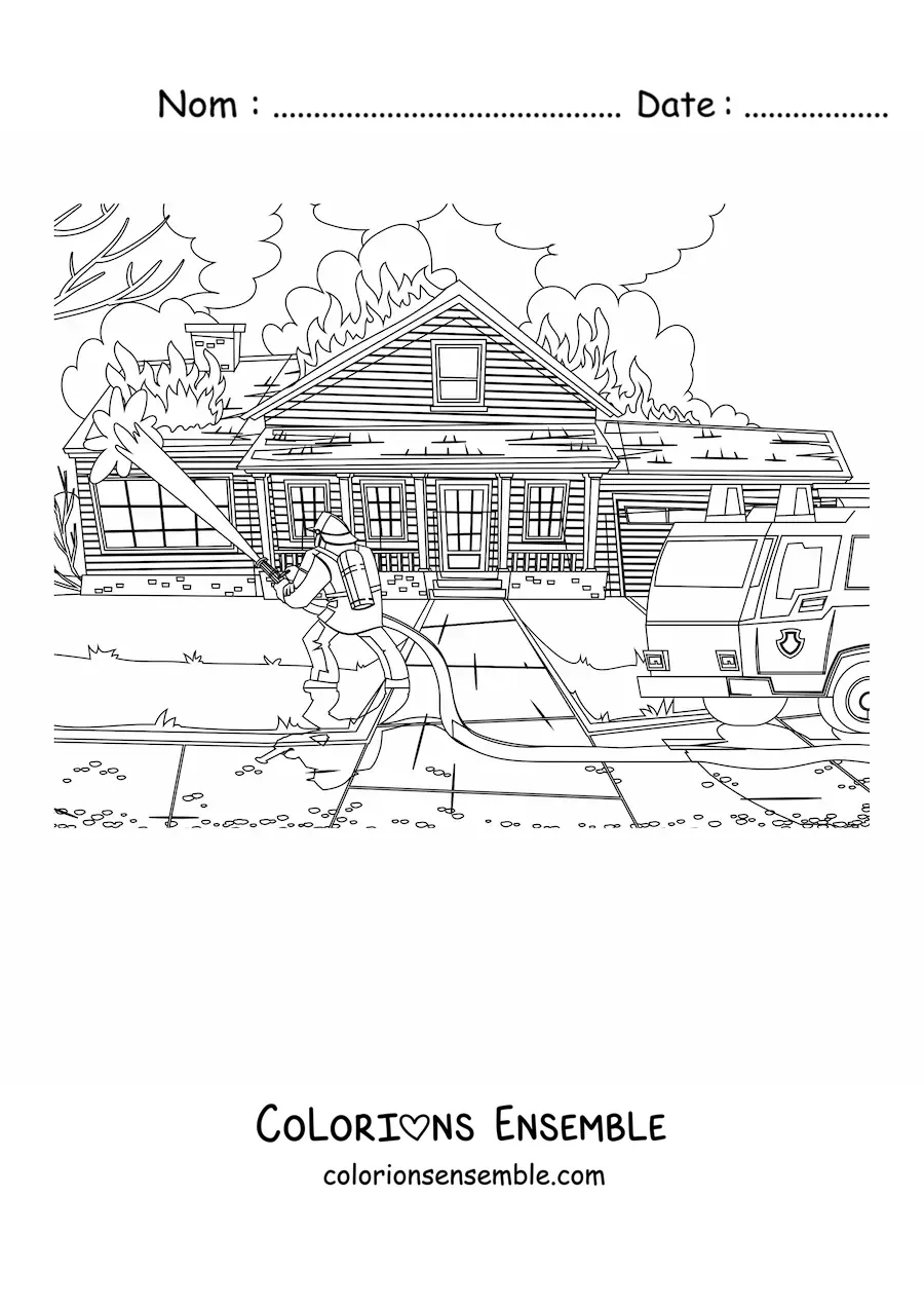 Image à colorier d'un pompier en train d'éteindre un incendie