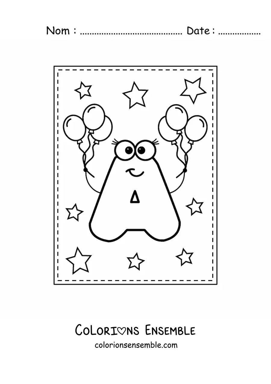 Image à colorier de la lettre A majuscule rigolote avec des ballons