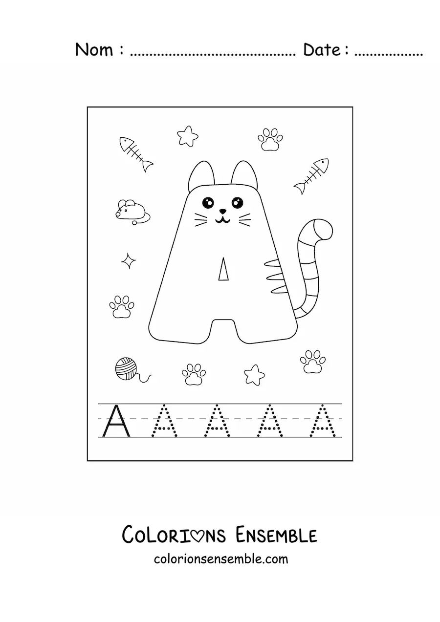 Image à colorier de la lettre A en forme de chat rigolo