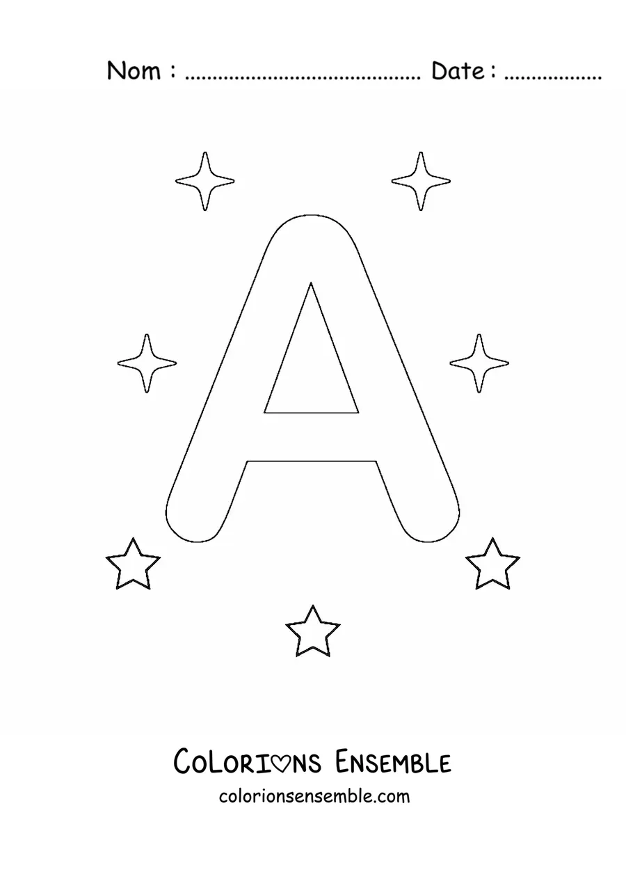 Image à colorier de la lettre A majuscule avec des étoiles