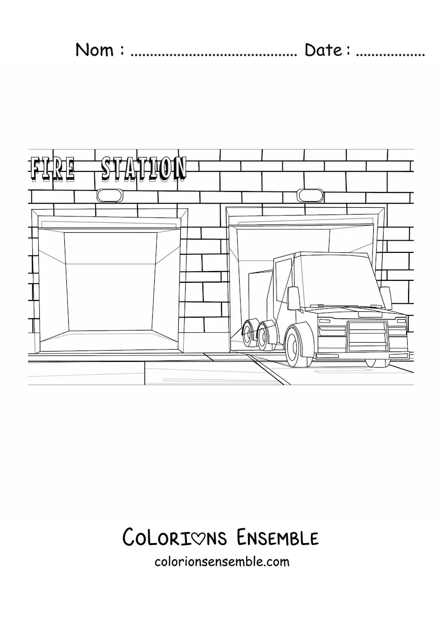 Image à colorier d'un camion de pompiers à la caserne