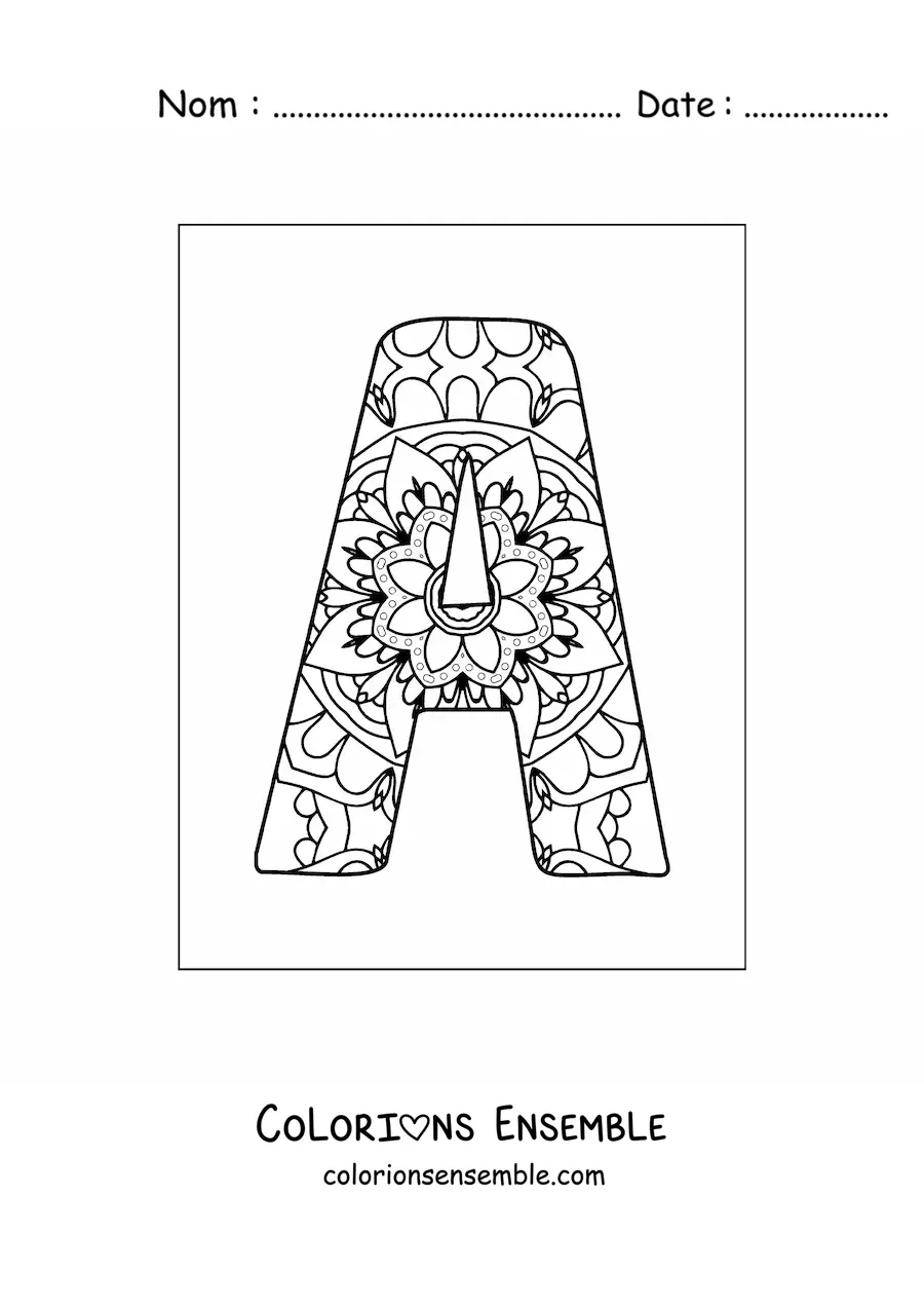 Image à colorier d’un mandala de la lettre A majuscule
