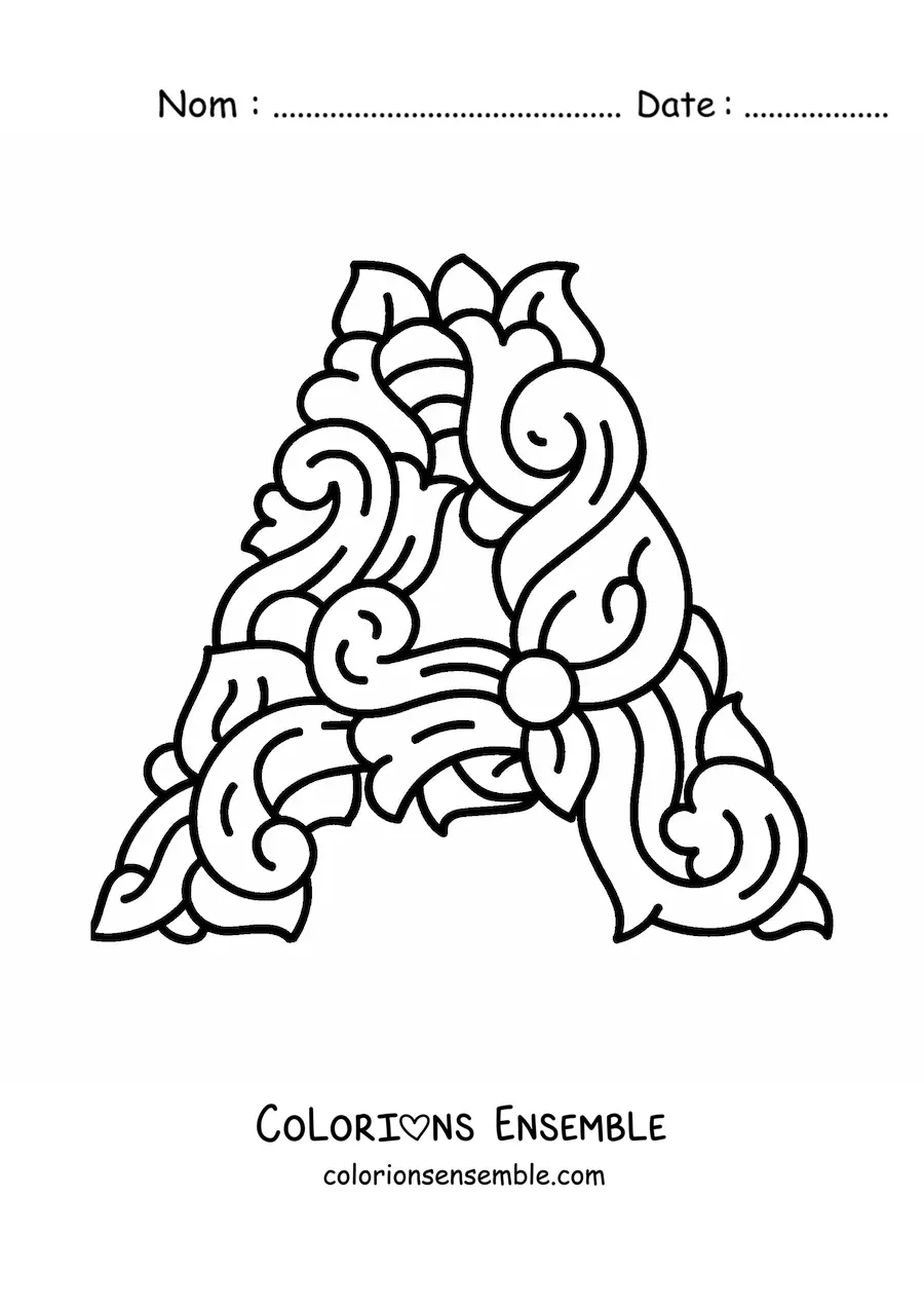Image à colorier de la lettre A majuscule décorée