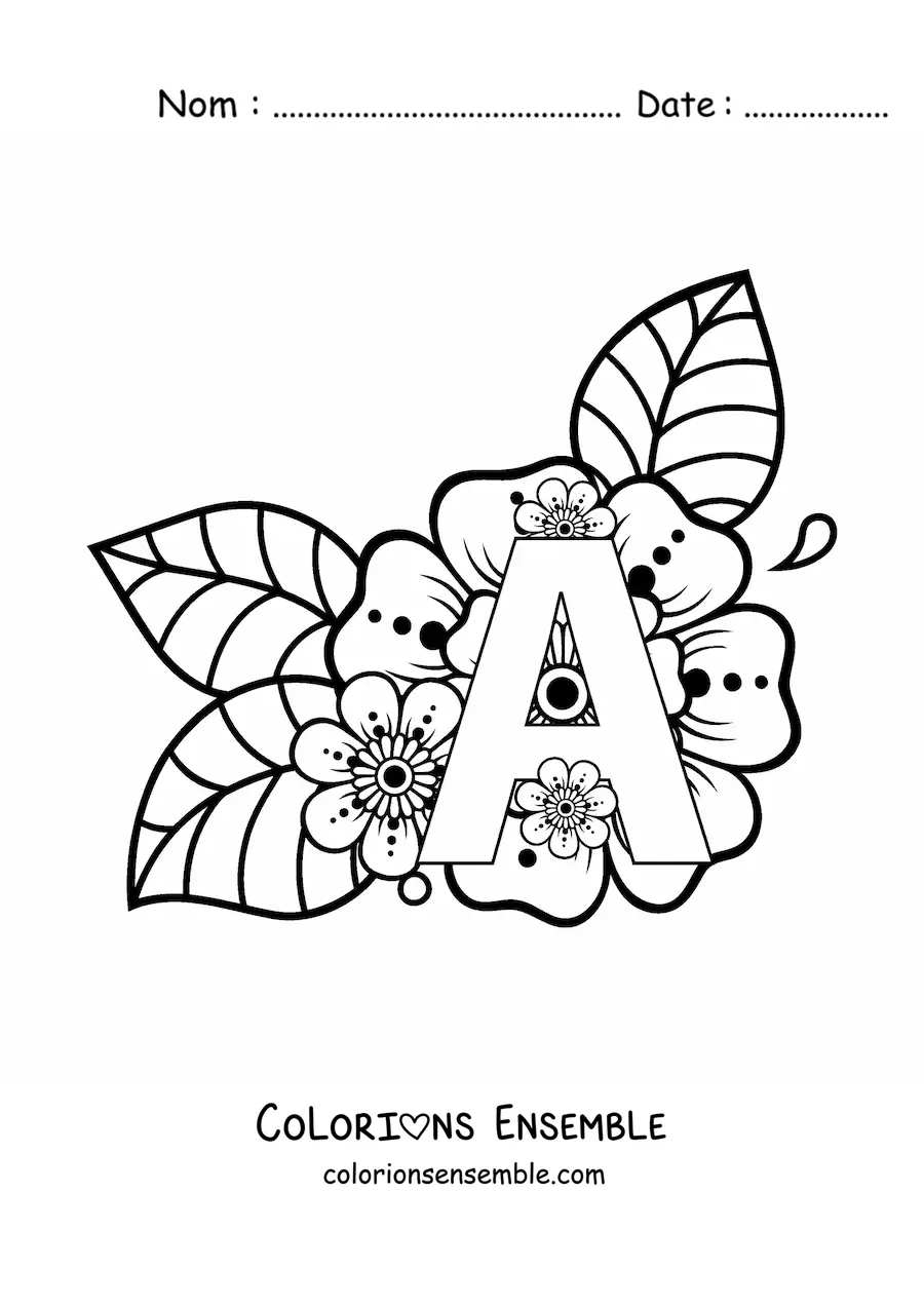 Image à colorier de la lettre A décorée de fleurs