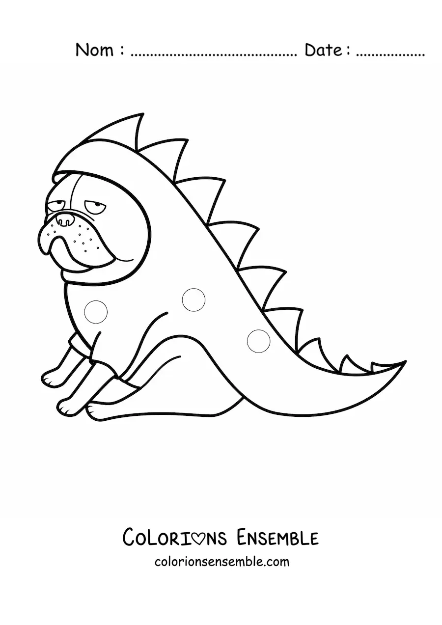 Image à colorier d’un carlin déguisé en crocodile, assis