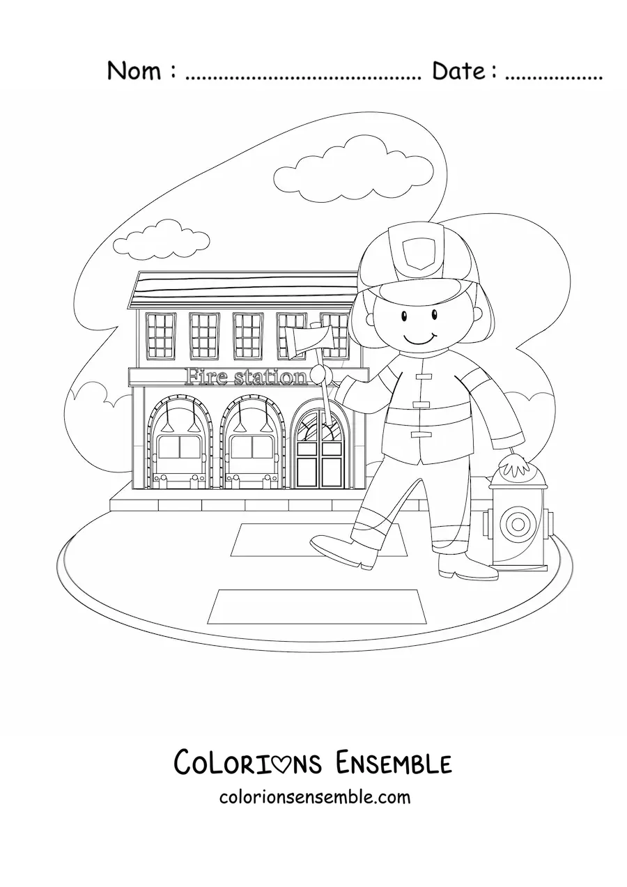Image à colorier d'un pompier animé à la caserne