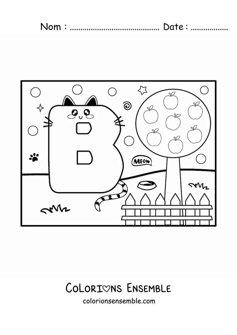 Image à colorier de la lettre B en forme de chat rigolo dans le parc
