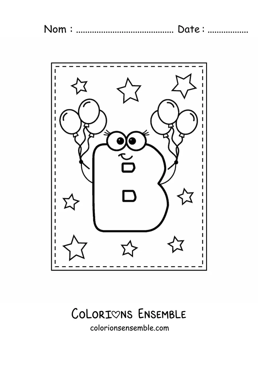 Image à colorier de la lettre B majuscule rigolote avec des ballons