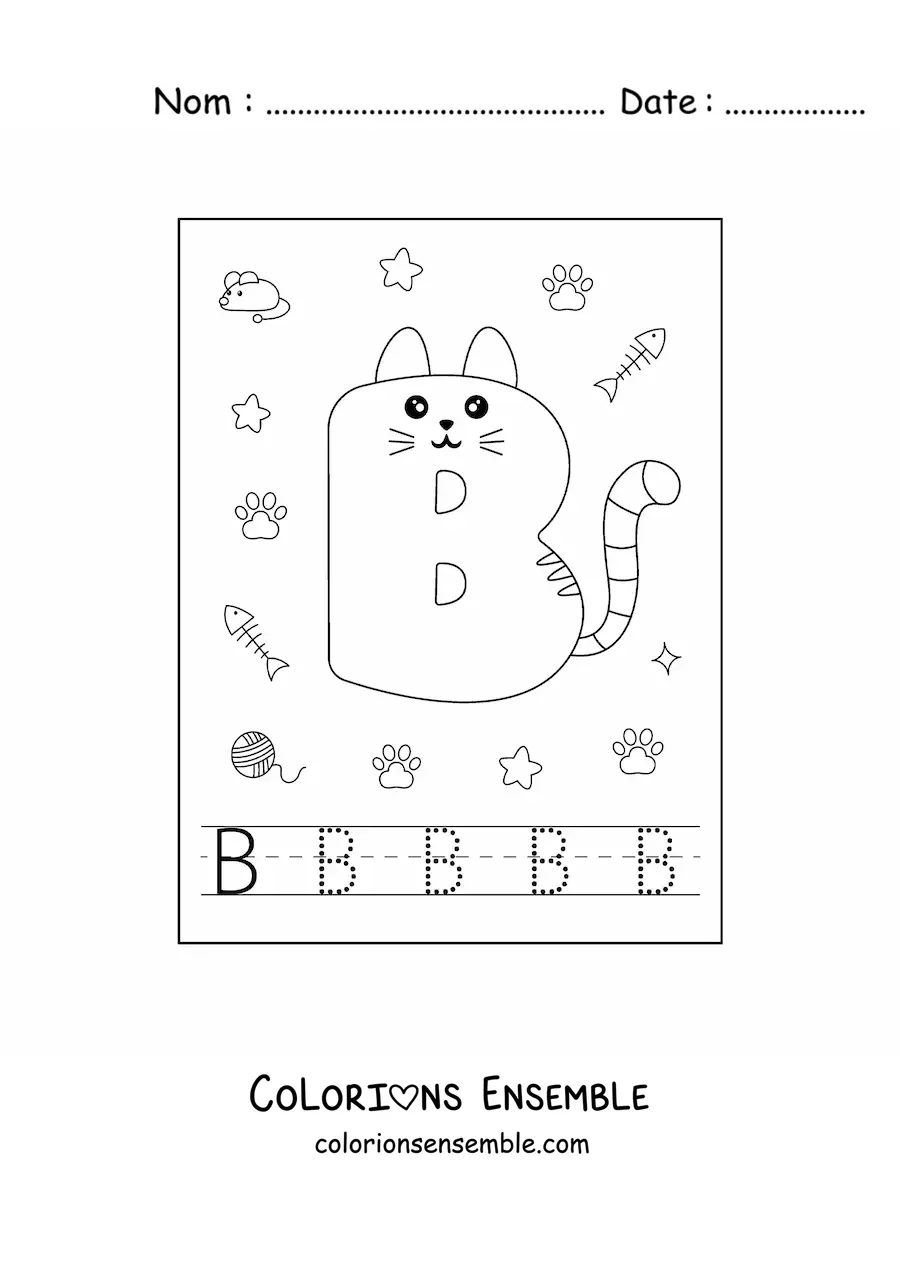 Image à colorier de la lettre B en forme de chat rigolo