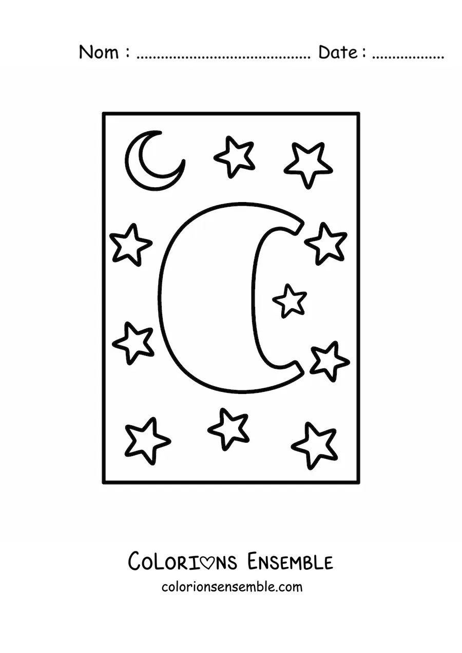 Image à colorier de la lettre C majuscule avec des étoiles et une lune