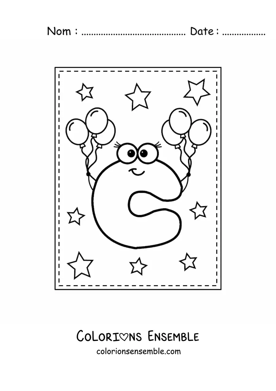 Image à colorier de la lettre C majuscule rigolote avec des ballons