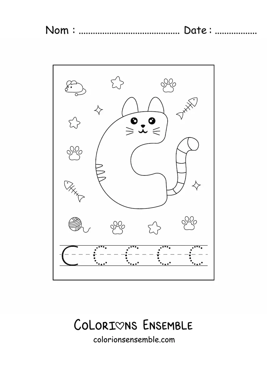 Image à colorier de la lettre C en forme de chat rigolo
