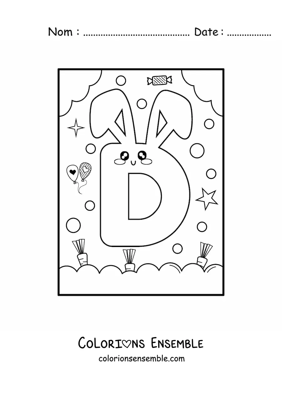Image à colorier de la lettre D en forme de lapin kawaii
