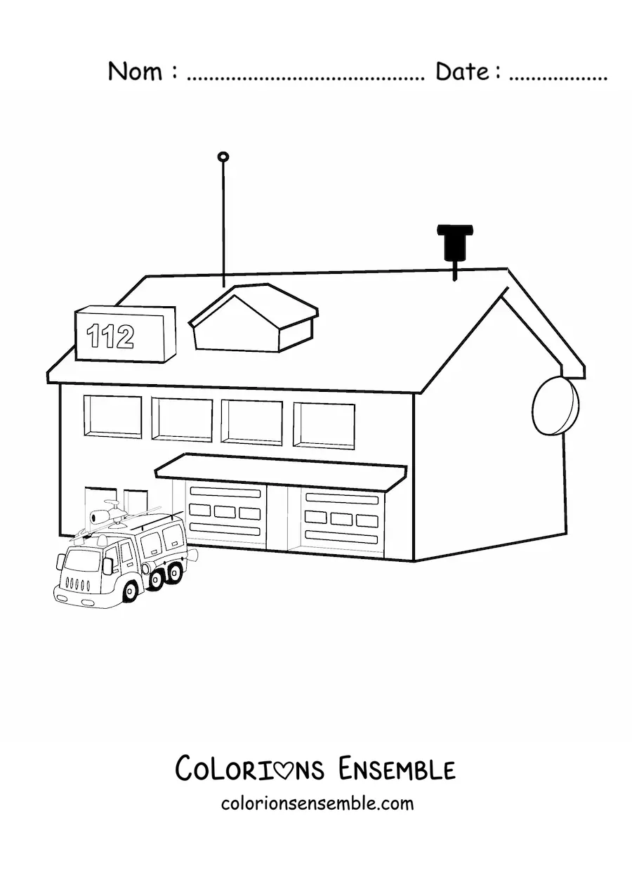 Image à colorier d'un camion de pompiers sortant de la caserne