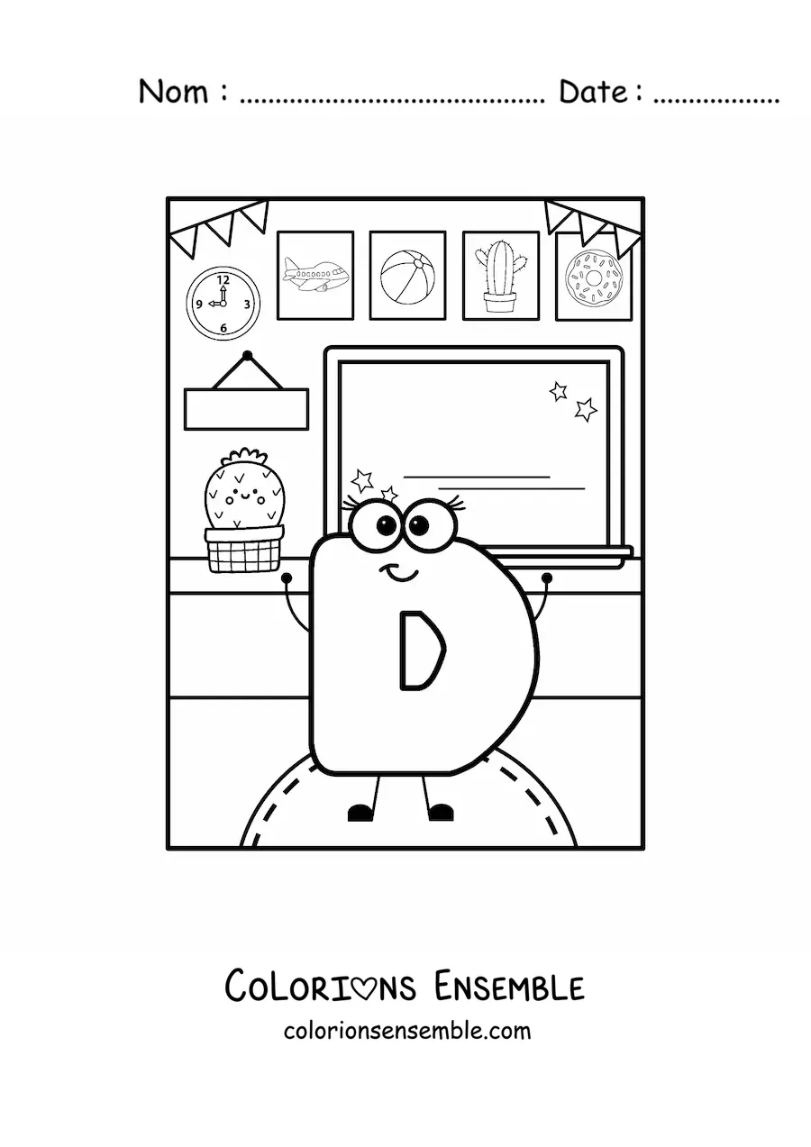 Image à colorier de la lettre D rigolote à l’école