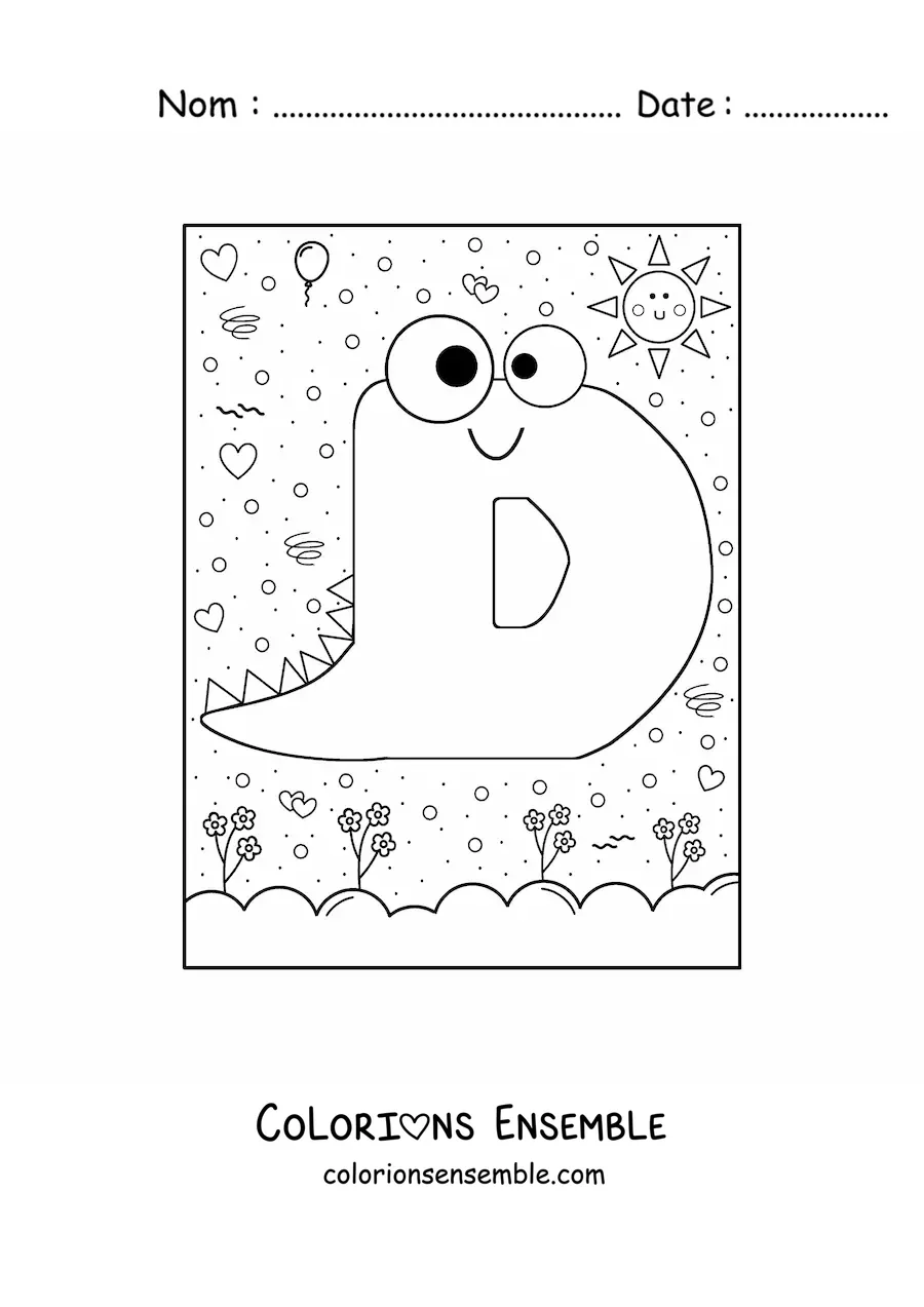 Image à colorier de la lettre D en forme de petit monstre rigolo
