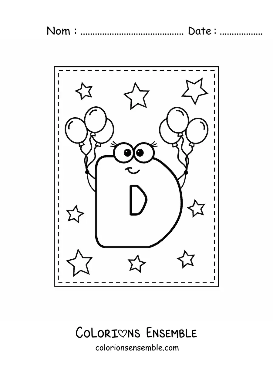 Image à colorier de la lettre D majuscule rigolote avec des ballons