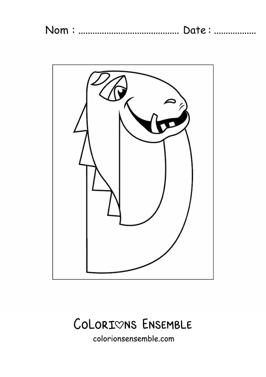 Image à colorier de la lettre D en forme de dinosaure rigolo