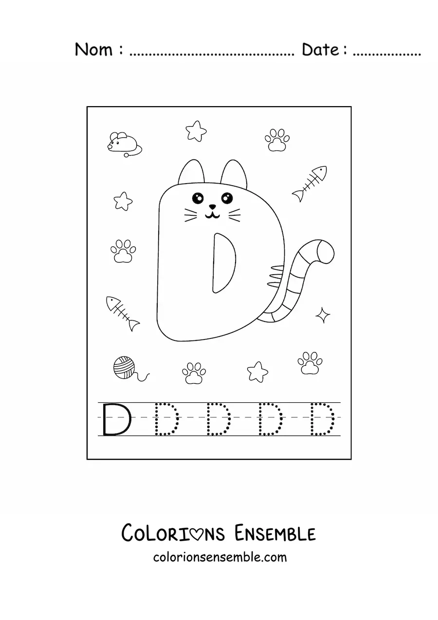 Image à colorier de la lettre D en forme de chat rigolo