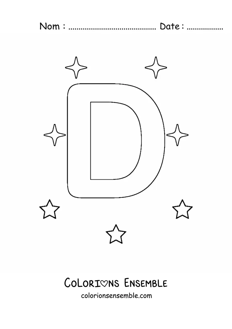 Image à colorier de la lettre D majuscule avec des étoiles
