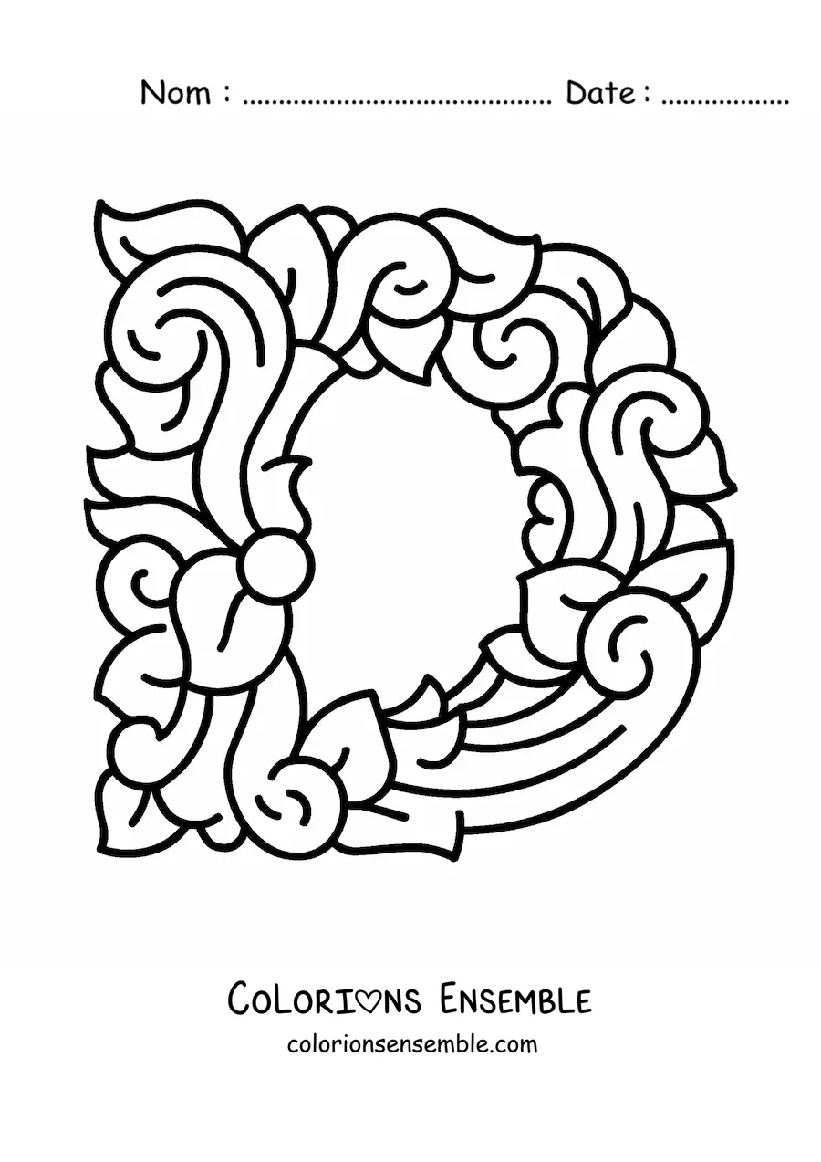 Image à colorier de la lettre D majuscule décorée