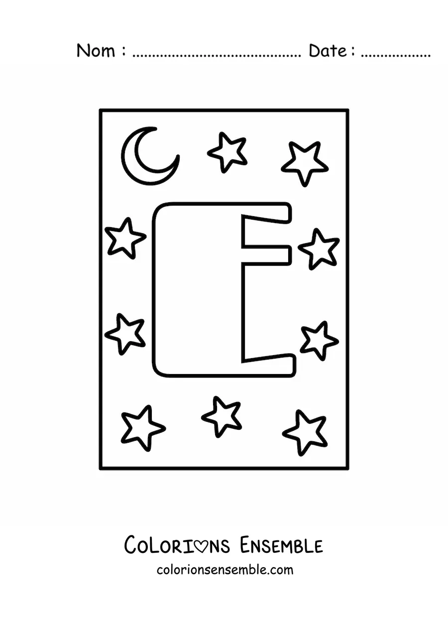 Image à colorier de la lettre E majuscule avec des étoiles et une lune