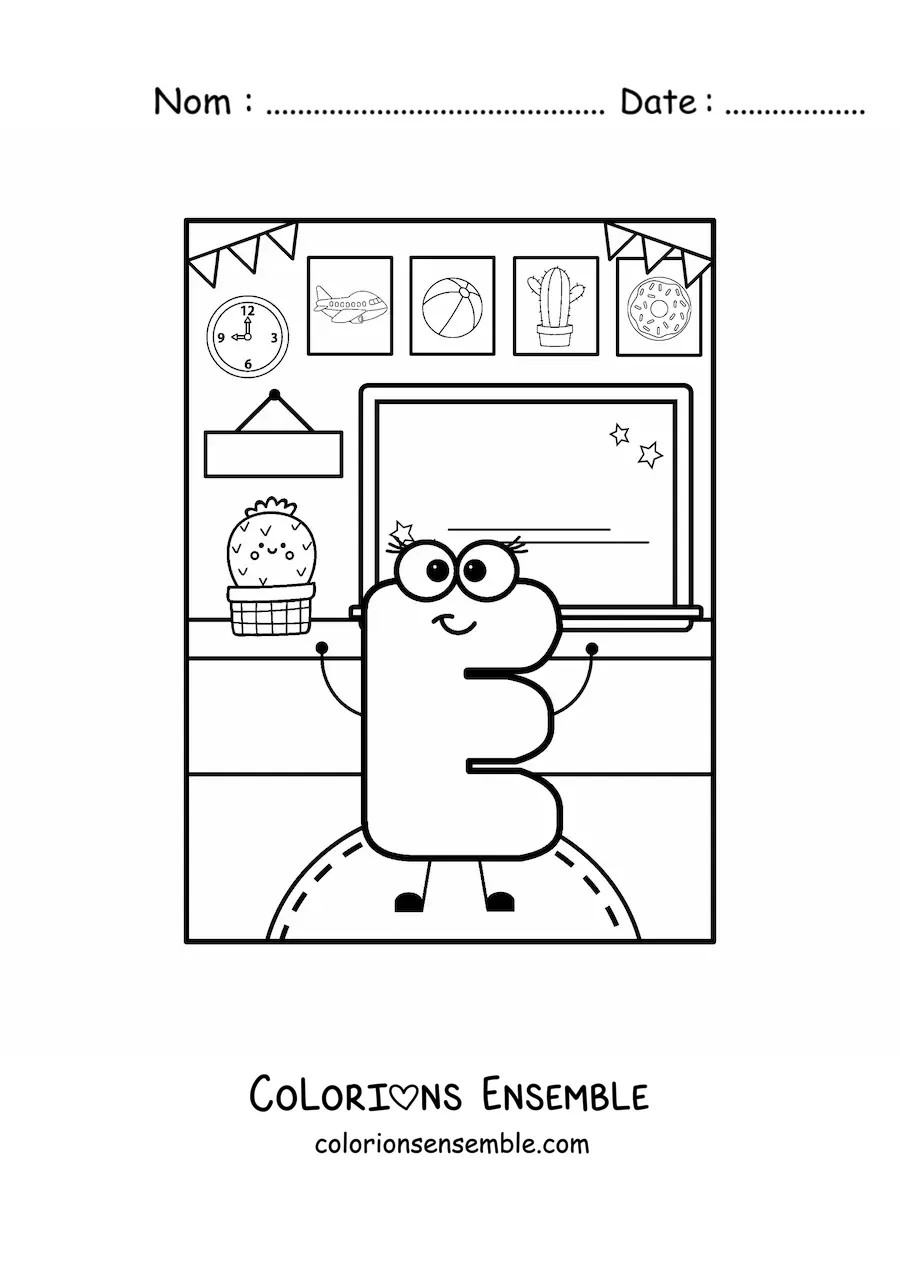 Image à colorier de la lettre E rigolote à l’école