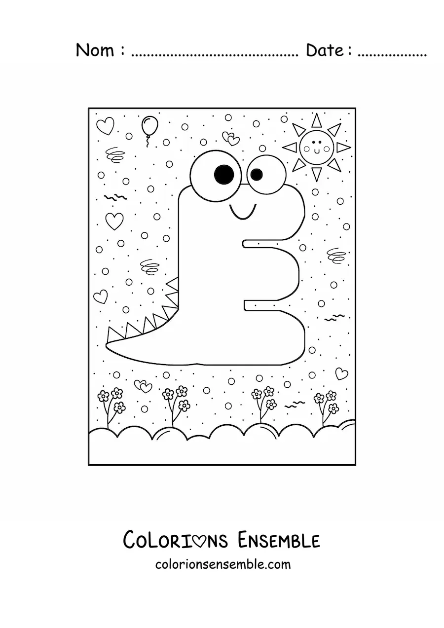 Image à colorier de la lettre E en forme de petit monstre rigolo