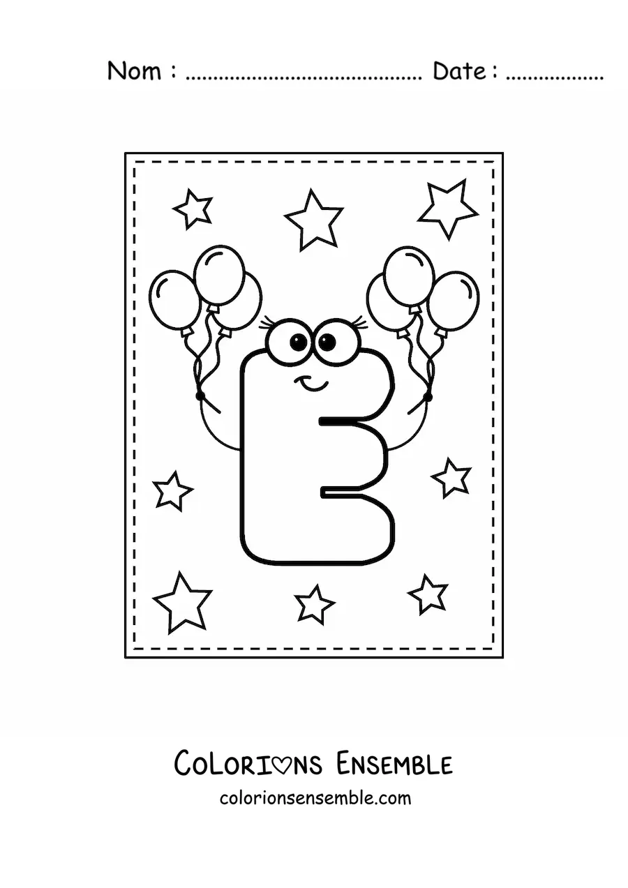 Image à colorier de la lettre E majuscule rigolote avec des ballons
