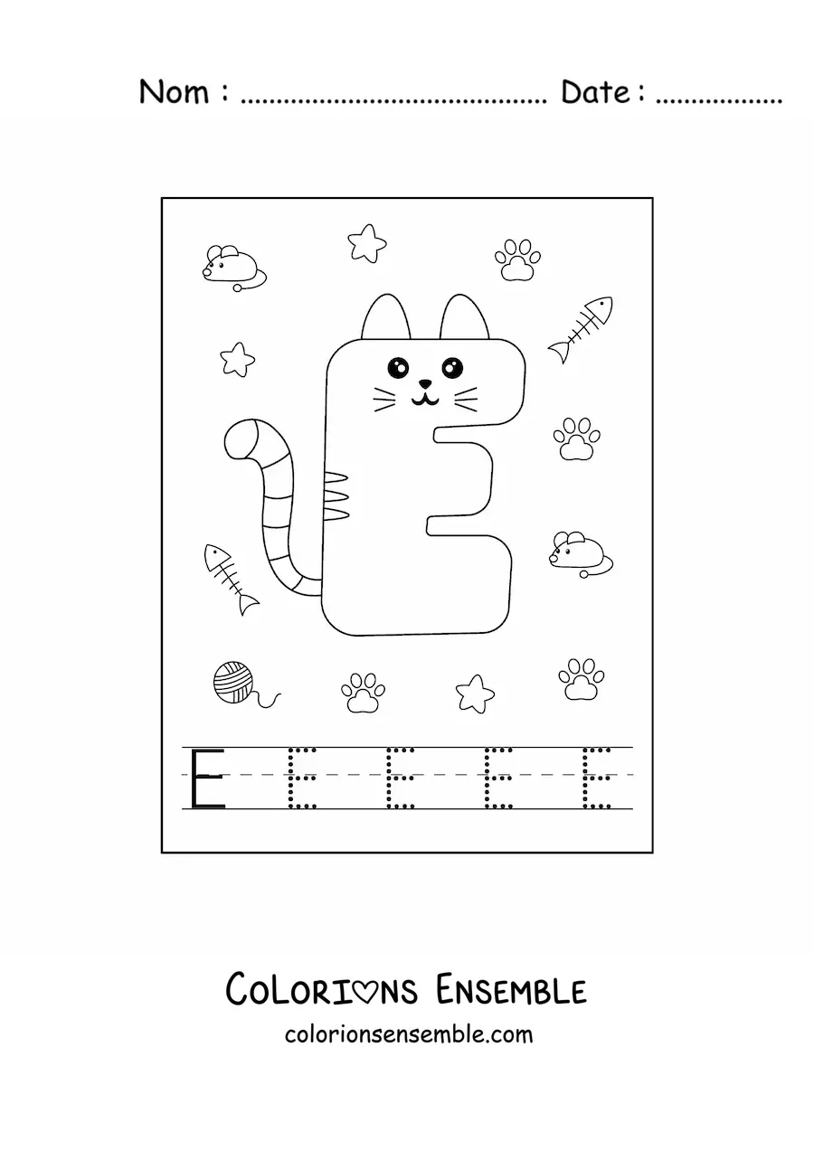 Image à colorier de la lettre E en forme de chat rigolo