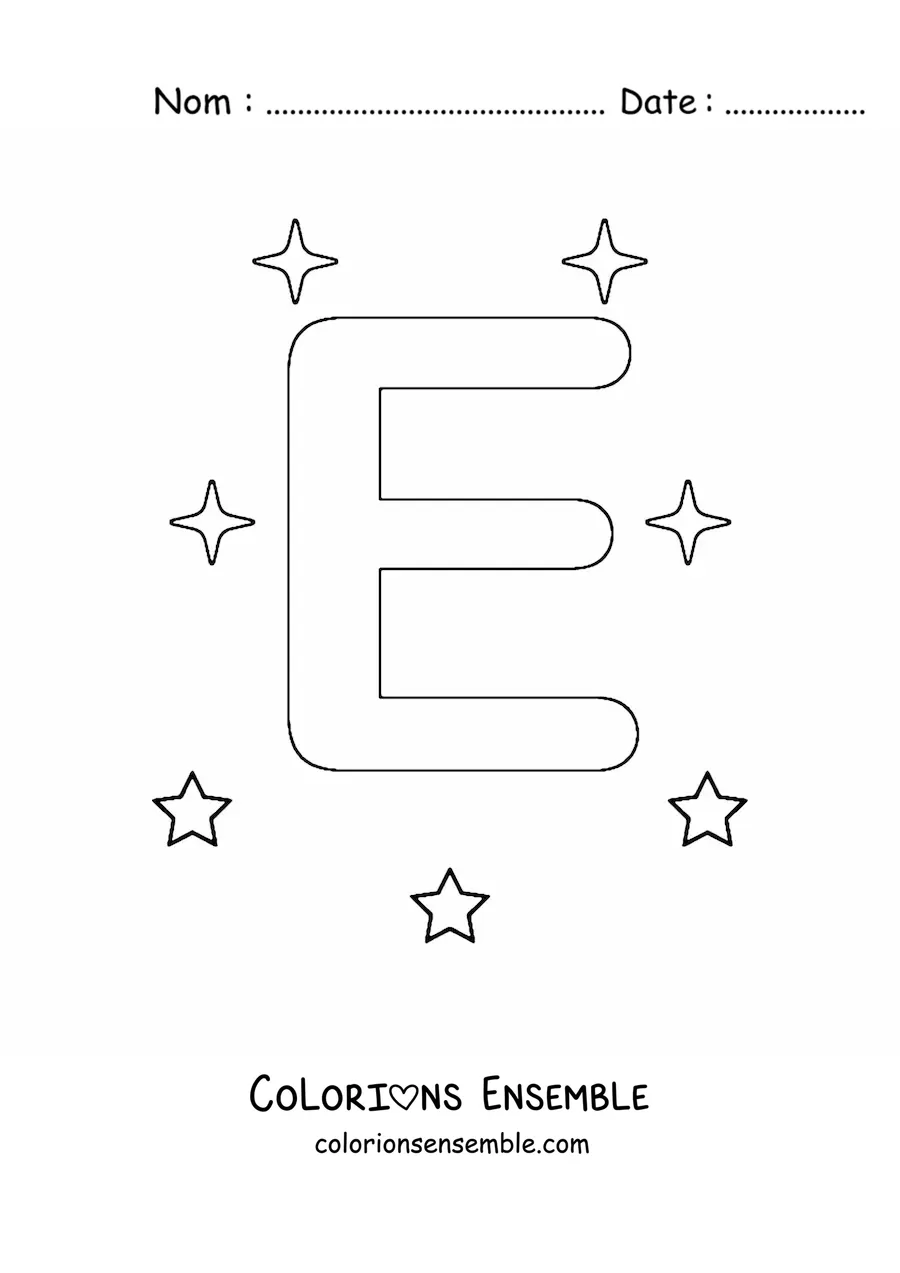 Image à colorier d'une lettre E majuscule avec des étoiles