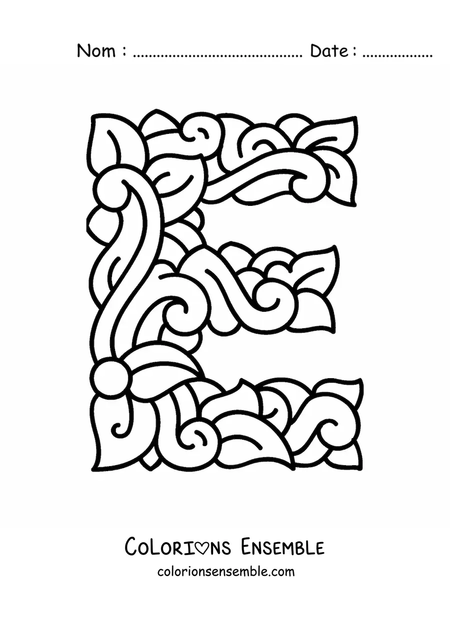 Image à colorier d'une lettre E majuscule décorée