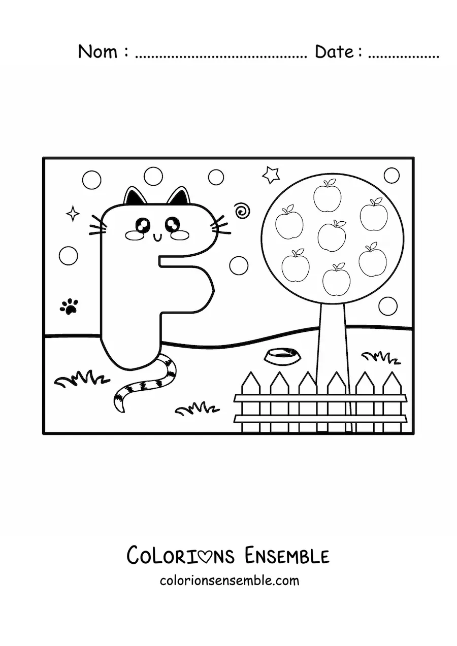 Image à colorier de la lettre F animée en forme de chat dans le parc