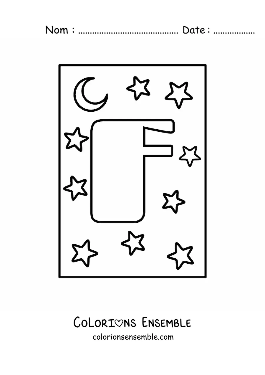Image à colorier d'une lettre F majuscule avec des étoiles et une lune