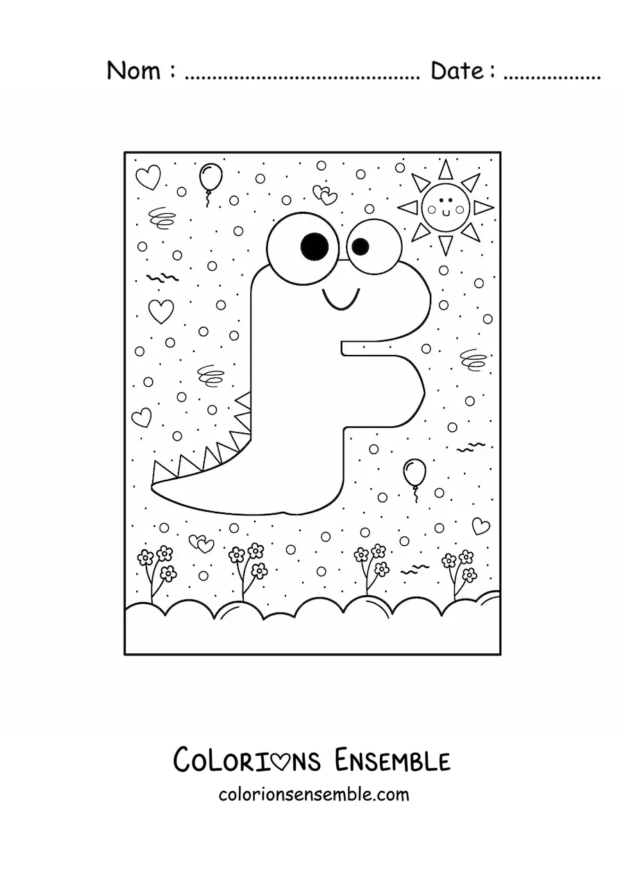 Image à colorier de la lettre F animée en forme de dinosaure de dessin animé