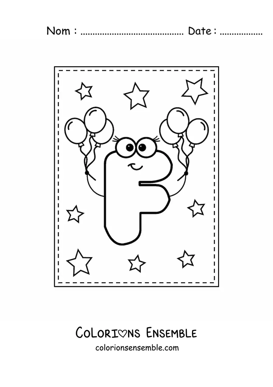 Image à colorier de la lettre F majuscule animée avec des ballons