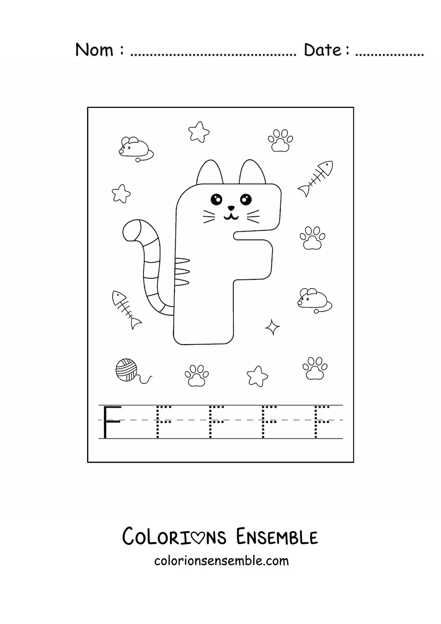 Image à colorier de la lettre F animée en forme de chat