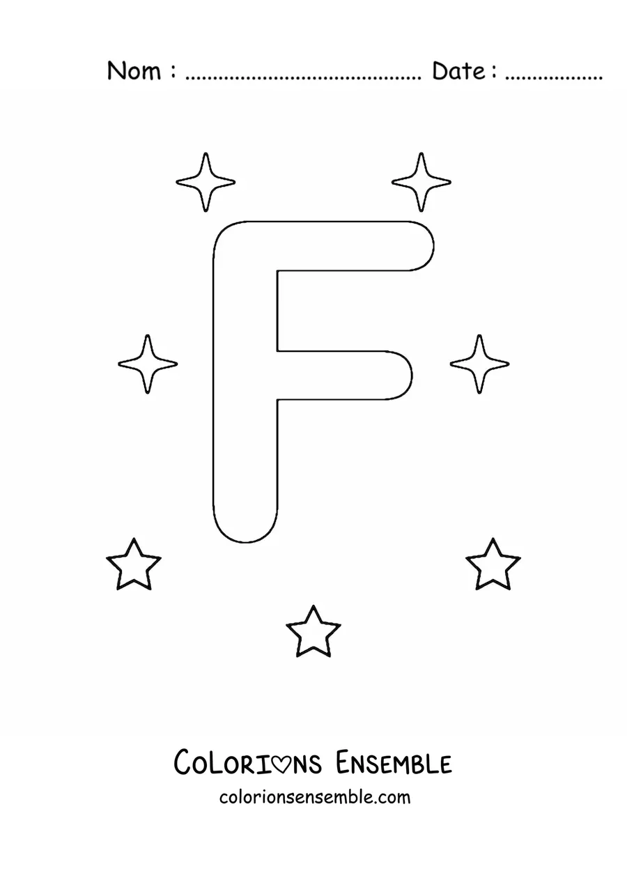 Image à colorier d'une lettre F majuscule avec des étoiles