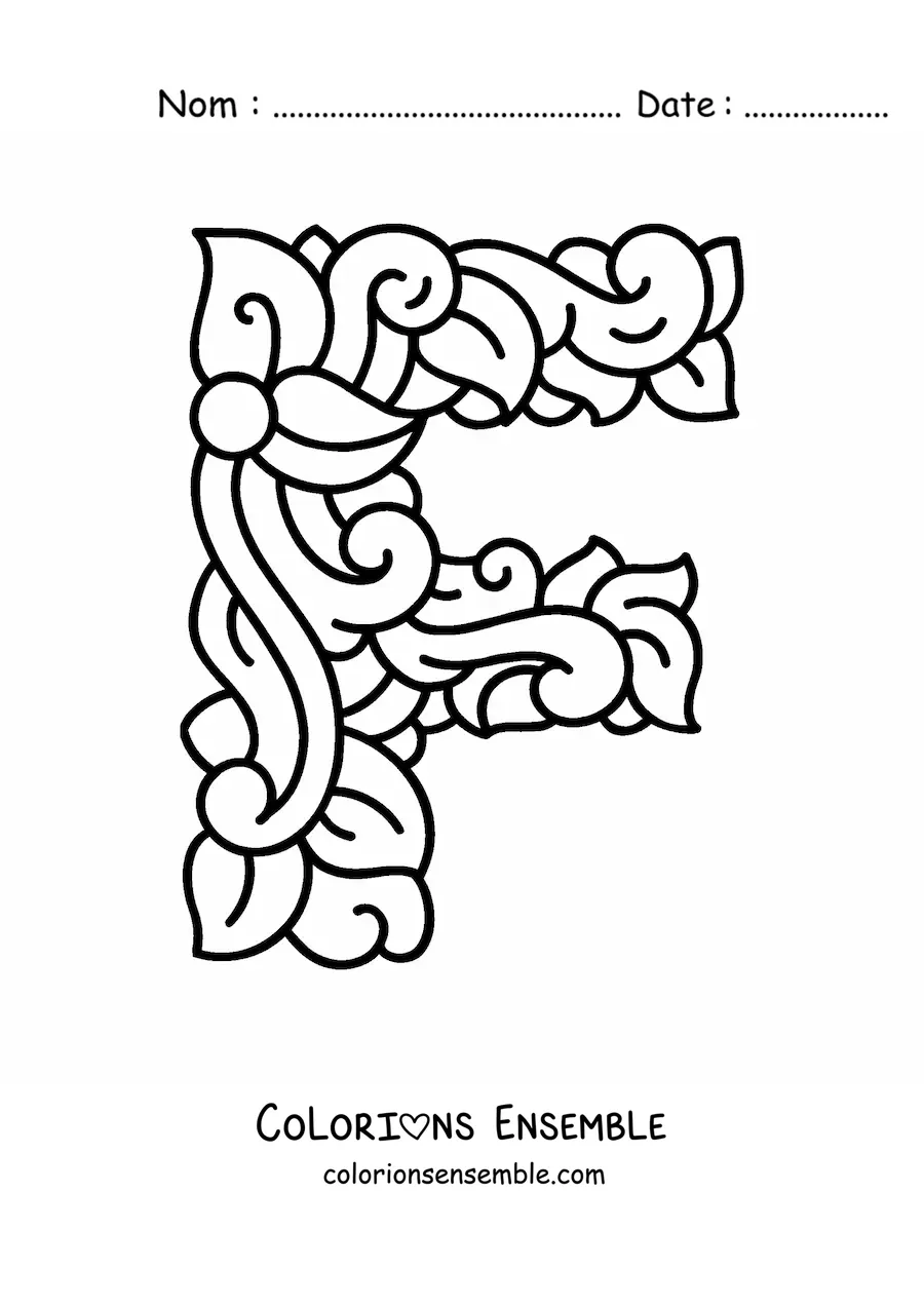 Image à colorier d'une lettre F majuscule décorée