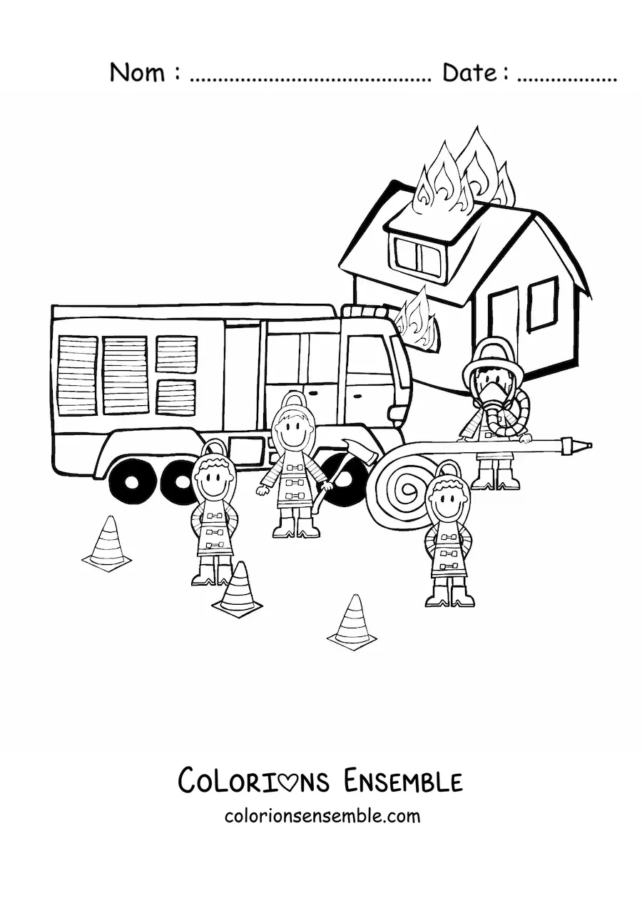Image à colorier de plusieurs pompiers animés en train d'éteindre un incendie