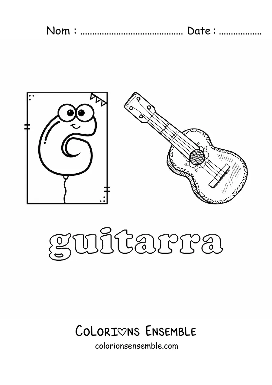 Image à colorier de la lettre G comme guitare